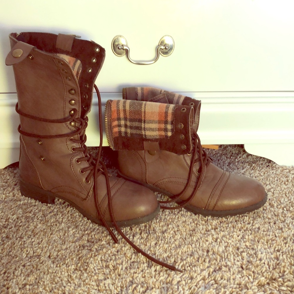 Brown and plaid combat boots